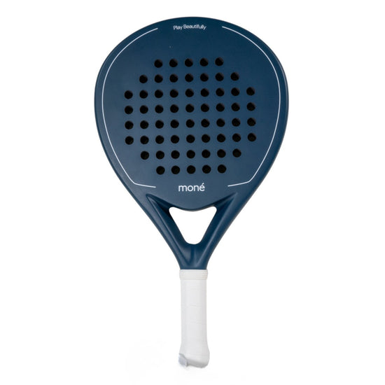 Moné Padel premium navy teardrop racket featuring a white grip and signature Play Beautifully design.