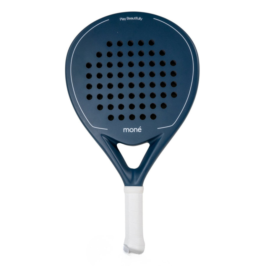 Moné Padel premium navy teardrop racket featuring a white grip and signature Play Beautifully design.