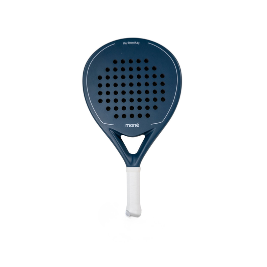 Blue and white racket with a unique design on a white background. Sailor - Premium Padel Racket | Mone Padel