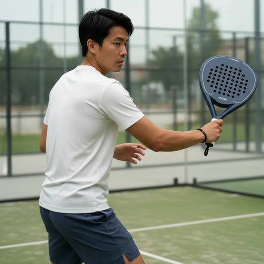 Male player on court hitting a shot with the high-performance 12K carbon Moné Padel racket.