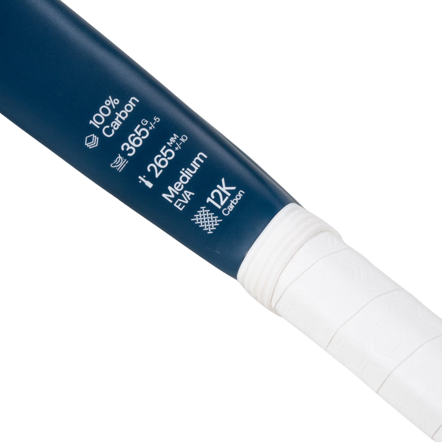 Close-up of M.oné Padel racket specifications showing 12K Carbon frame, Medium EVA core, and 365g weight