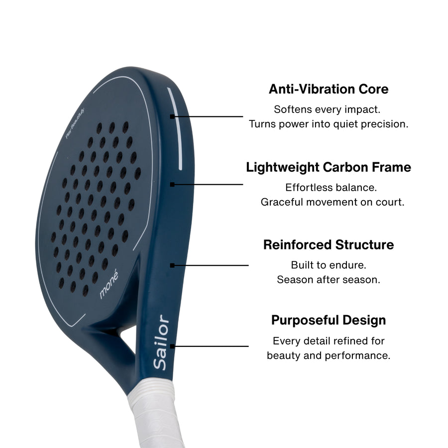 Moné Padel Sailor racket side profile highlighting the anti-vibration core and lightweight carbon frame.