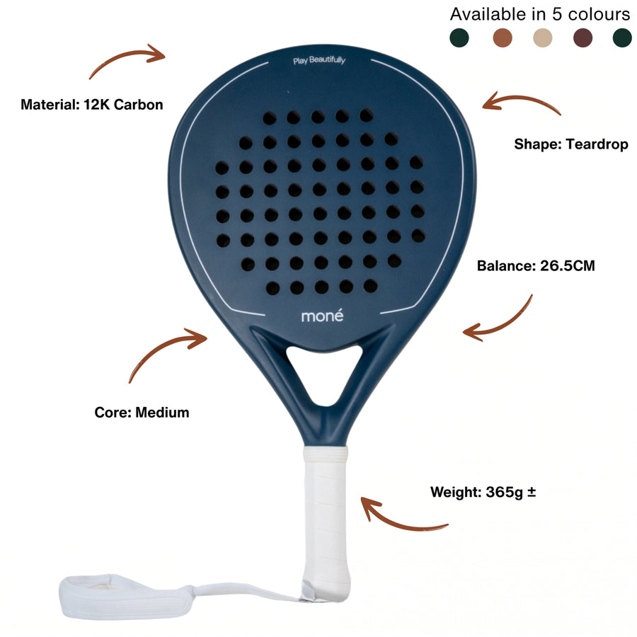 Technical infographic of the Moné Padel racket detailing its teardrop shape, 12K carbon build, and 26.5cm balance.