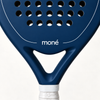 Close-up of the Sailor blue padel racket throat, with the white moné logo and outline above its open triangle