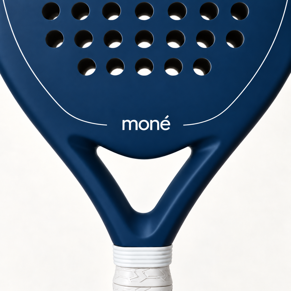 Close-up of the Sailor blue padel racket throat, with the white moné logo and outline above its open triangle