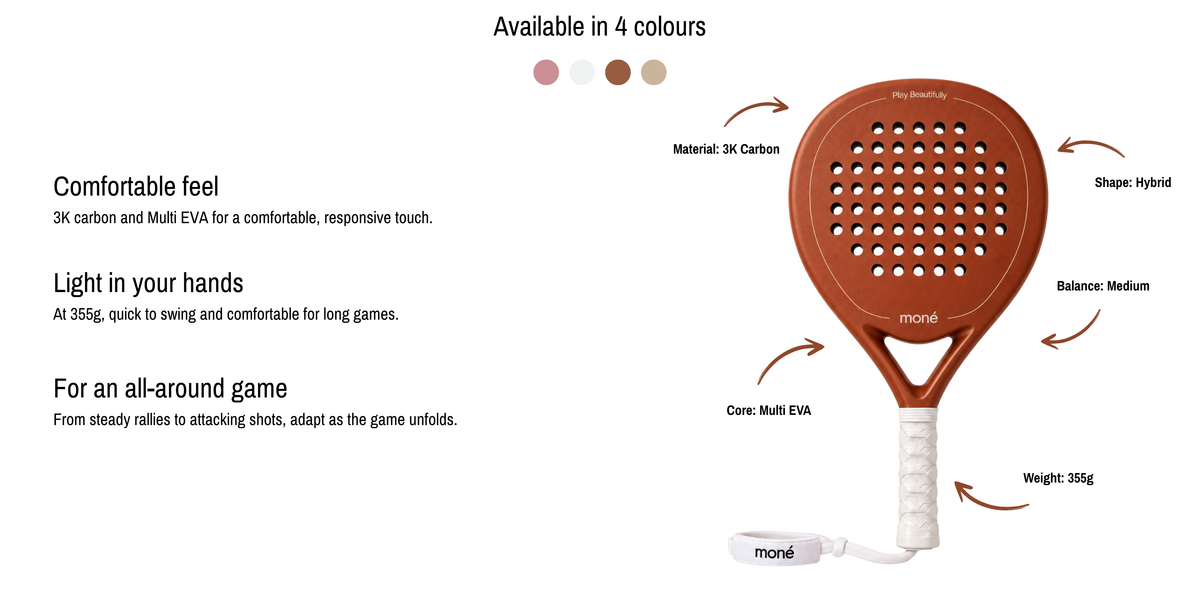 Sienna Hybrid padel racket by moné in light brown with its specs labelled. Comfortable feel: 3K carbon and Multi EVA. Light in your hands: 355g. For an all-around game.