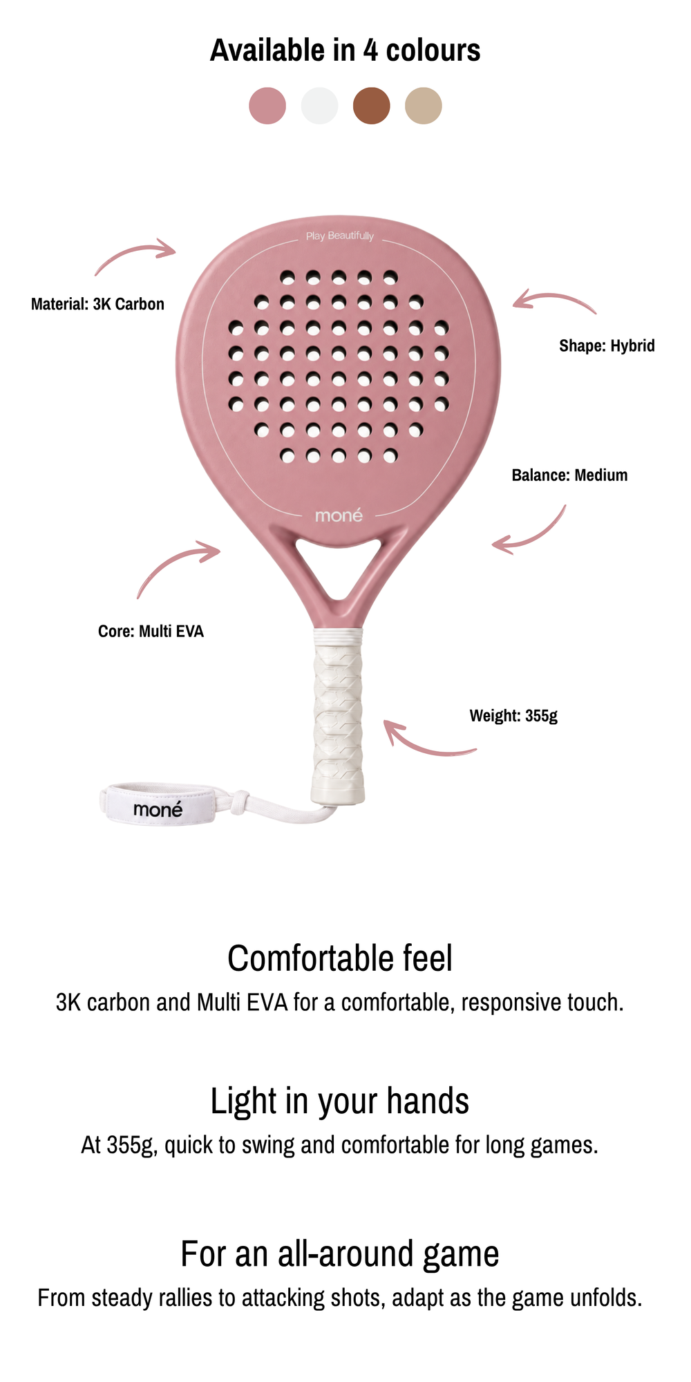 Himalaya Hybrid padel racket by moné in pink with its specs labelled. Comfortable feel: 3K carbon and Multi EVA. Light in your hands: 355g. For an all-around game.