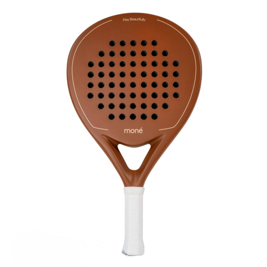 Moné Padel Sienna premium teardrop racket in matte brown featuring a white grip and Play Beautifully design.