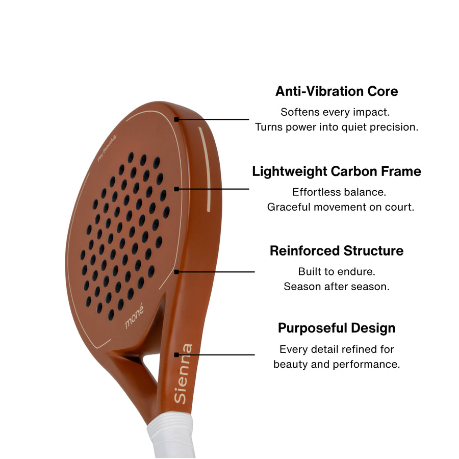 Moné Padel Sienna racket side profile highlighting the anti-vibration core and lightweight carbon frame.
