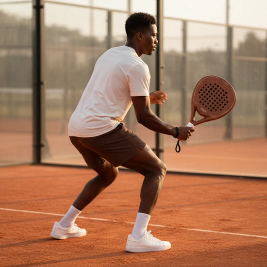 Male player on a clay court preparing for a shot with the high-performance 12K carbon Moné Padel Sienna racket.
