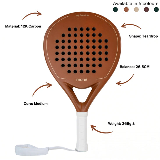 Technical infographic of the Moné Padel Sienna racket detailing its teardrop shape, 12K carbon build, and 26.5cm balance.