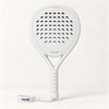 Front view of the off-white Ivory Hybrid padel racket with a gold moné logo, white grip and matching wrist strap
