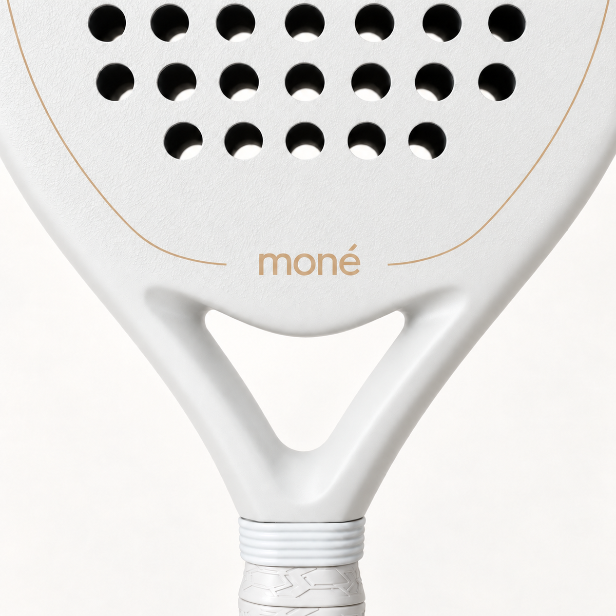 Open triangle throat of the Ivory Hybrid padel racket, a gold logo and outline set against the off-white frame