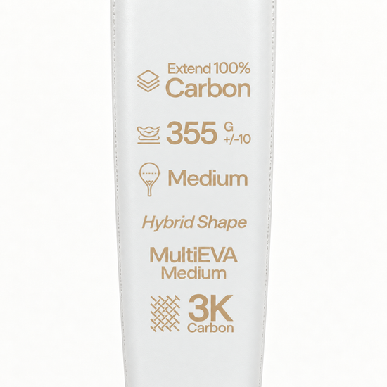 Gold spec print on the Ivory Hybrid padel racket: 100% carbon, 355 g, medium balance, MultiEVA core and 3K carbon