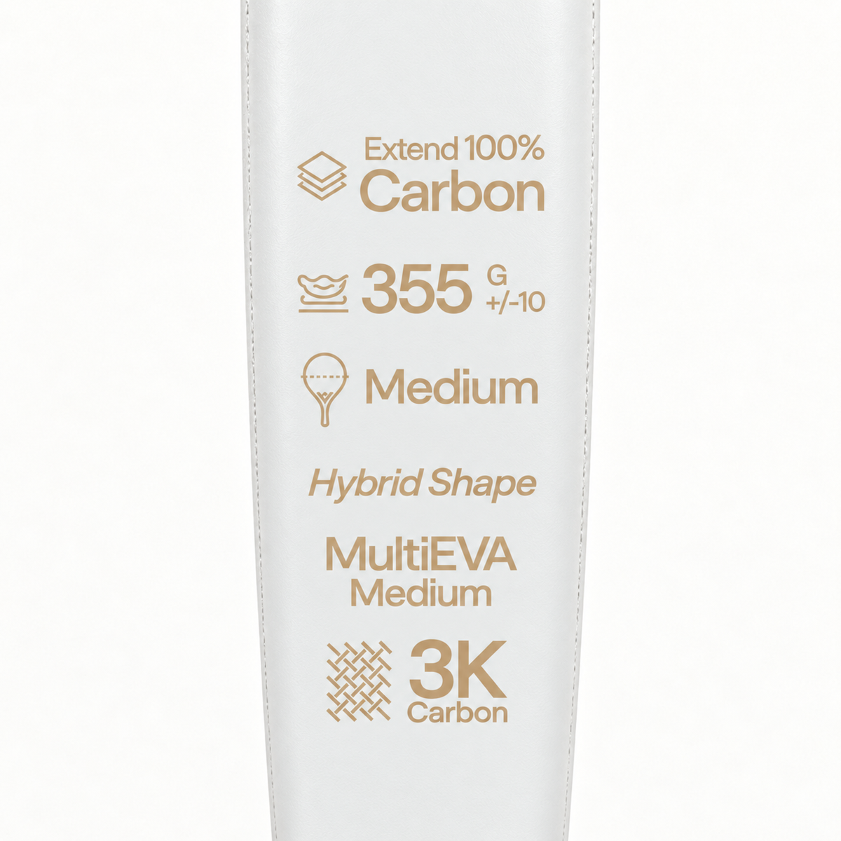 Gold spec print on the Ivory Hybrid padel racket: 100% carbon, 355 g, medium balance, MultiEVA core and 3K carbon