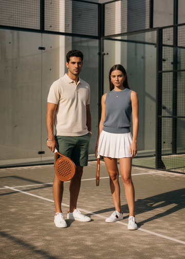 Two people standing on a padel court holding racquets.