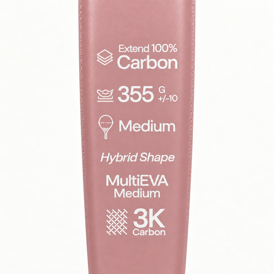 Specs printed on the pink Himalaya Hybrid padel racket: 100% carbon, 355 g, medium balance, MultiEVA core, 3K carbon