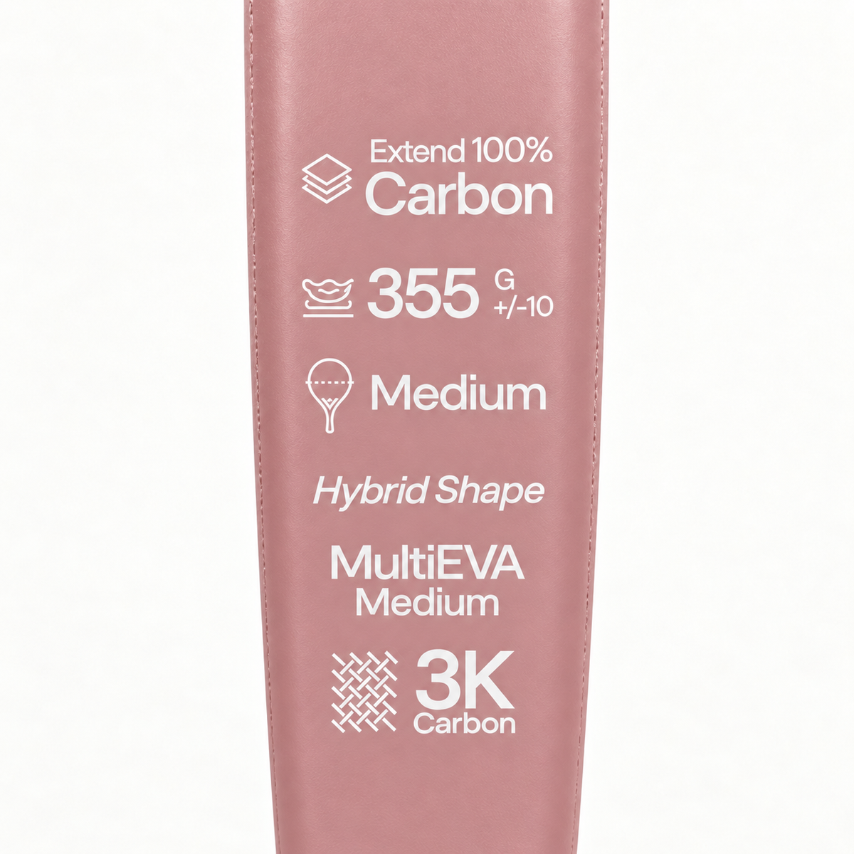 Specs printed on the pink Himalaya Hybrid padel racket: 100% carbon, 355 g, medium balance, MultiEVA core, 3K carbon