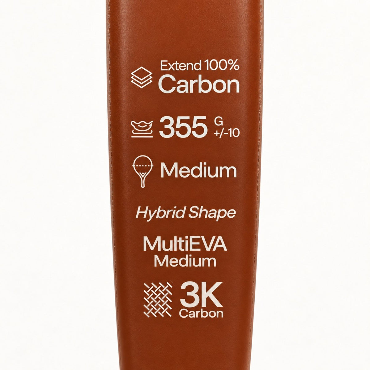 Specs printed in cream on the Sienna Hybrid padel racket: 100% carbon, 355 g, medium balance, MultiEVA core, 3K carbon